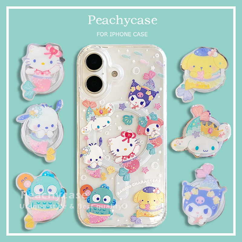 น่ารัก Mermaid Hello Kitty Melody Kuromi Kickstand ไร้สายชาร์จเคสโทรศัพท์สําหรับ iPhone 16 15 14 Plus 13 12 Pro Max 11 Shock Proof อะคริลิคมือถือปกหลัง