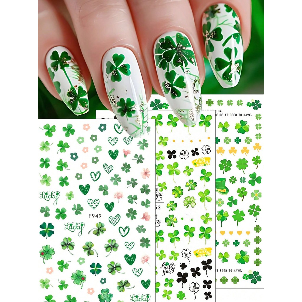 สีเขียวโชคดีโคลเวอร์ออกแบบสติ๊กเกอร์ติดเล็บสี่ใบโคลเวอร์ติดด้วยตนเอง ง เอแคลส์ ทําเอง เล็บ