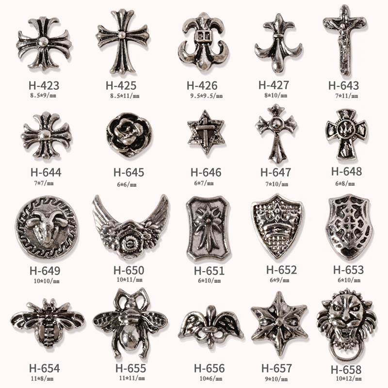 10 เล็บ Crow Heart Retro เครื่องประดับ Punk สไตล์ Cross Army ดอกไม้หกเหลี่ยม Star เล็บโลหะเพชรอุปกรณ์เสริม