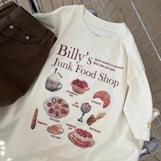 (จัดส่งตลอด 24 ชั่วโมง)เสื้อยืด Oversize เสื้อยืดลายเบเกอรี่ Junk Food คาเฟ่เกาหลี คอกลม หลวมๆ แนวเกาหลี คอตตอน 100%