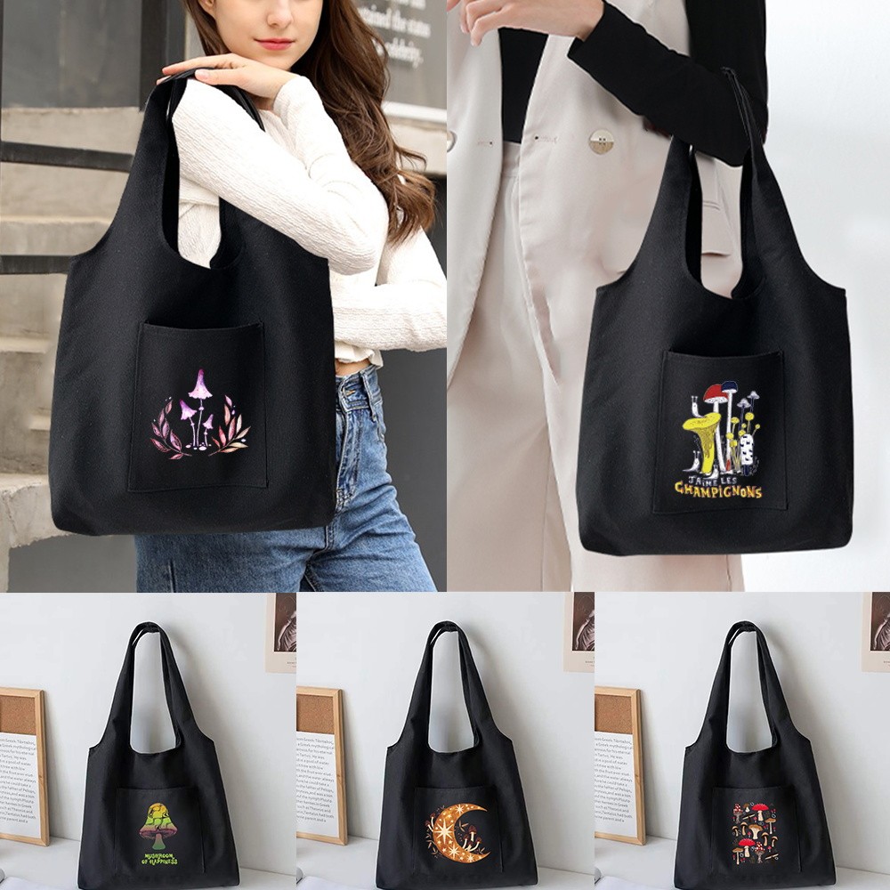 Mushroom Print Vest Bag Women Canvas Shoulder Bag Large Travel Tote Bags Portable Shopping Bag Key C