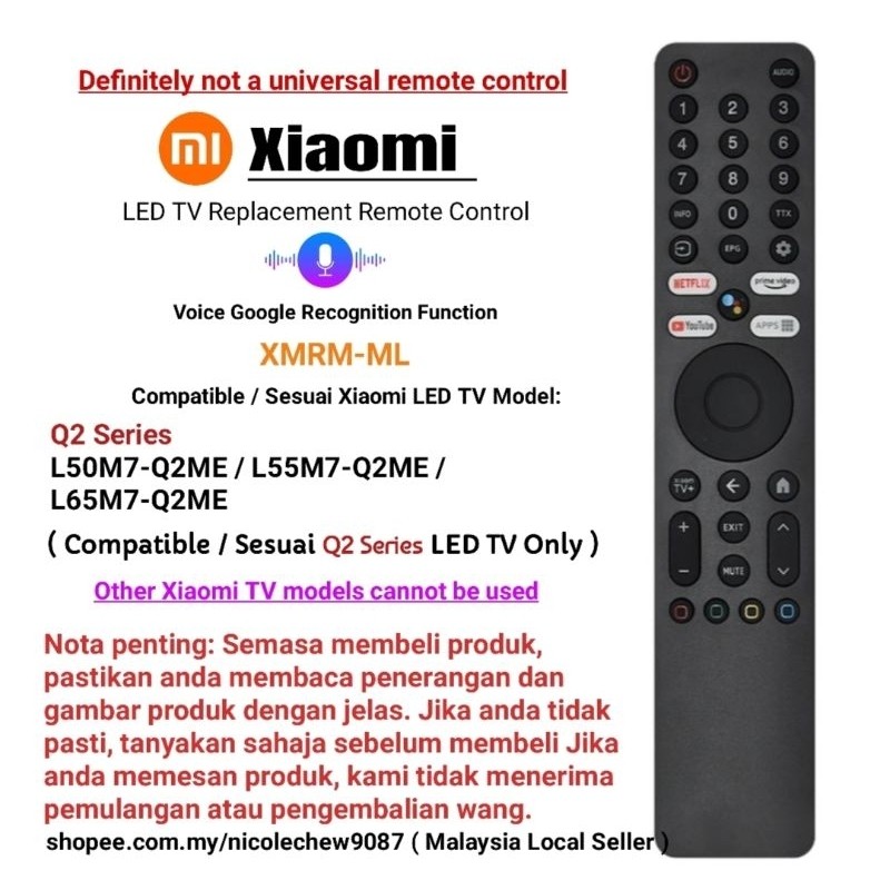 ใช้งานร่วมกับ Xiaomi Q2 Android LED TV เปลี่ยนระยะไกล XMRM-ML Q2 series