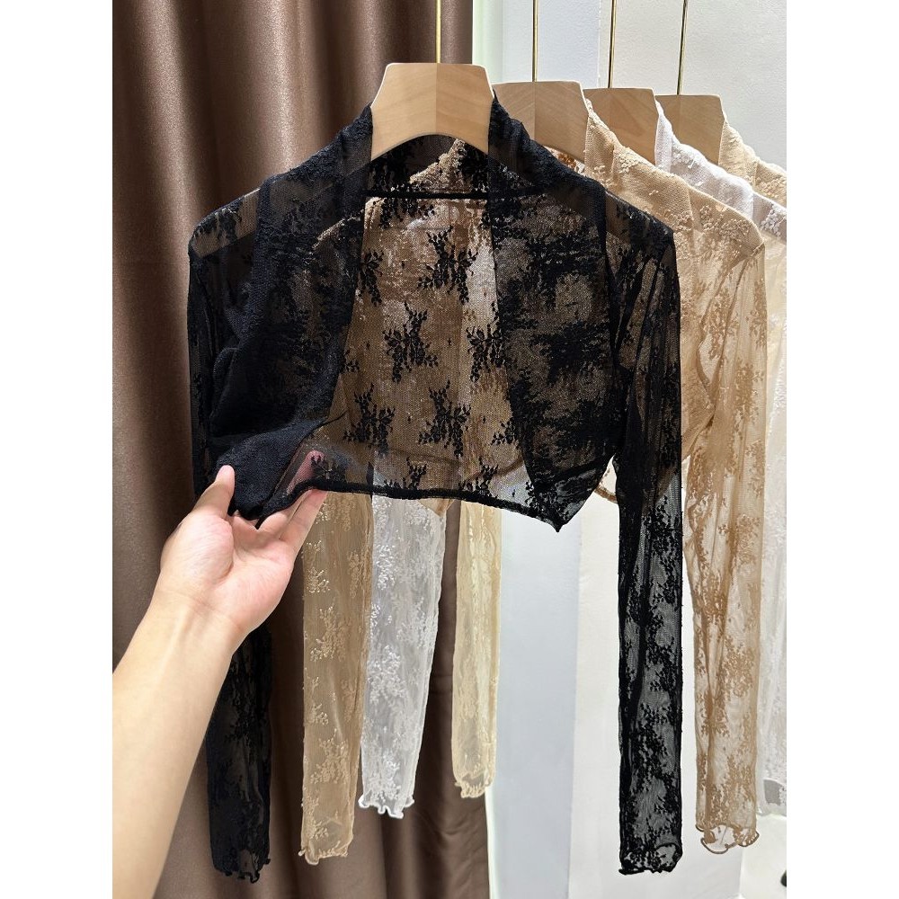 เสื้อแจ็กเก็ตคาร์ดิแกน ผ้าตาข่าย แต่งลูกไม้ ขนาดเล็ก ฉลุลาย เหมาะกับฤดูร้อน สําหรับผู้หญิง