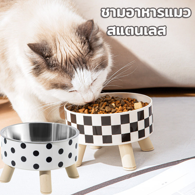 Pet Space ชามอาหารแมว ชามอาหารสัตว์เลี้ยง มีขอบยางกันลื่น  การให้อาหาร+การดื่ม วัสดุสแตนเลส