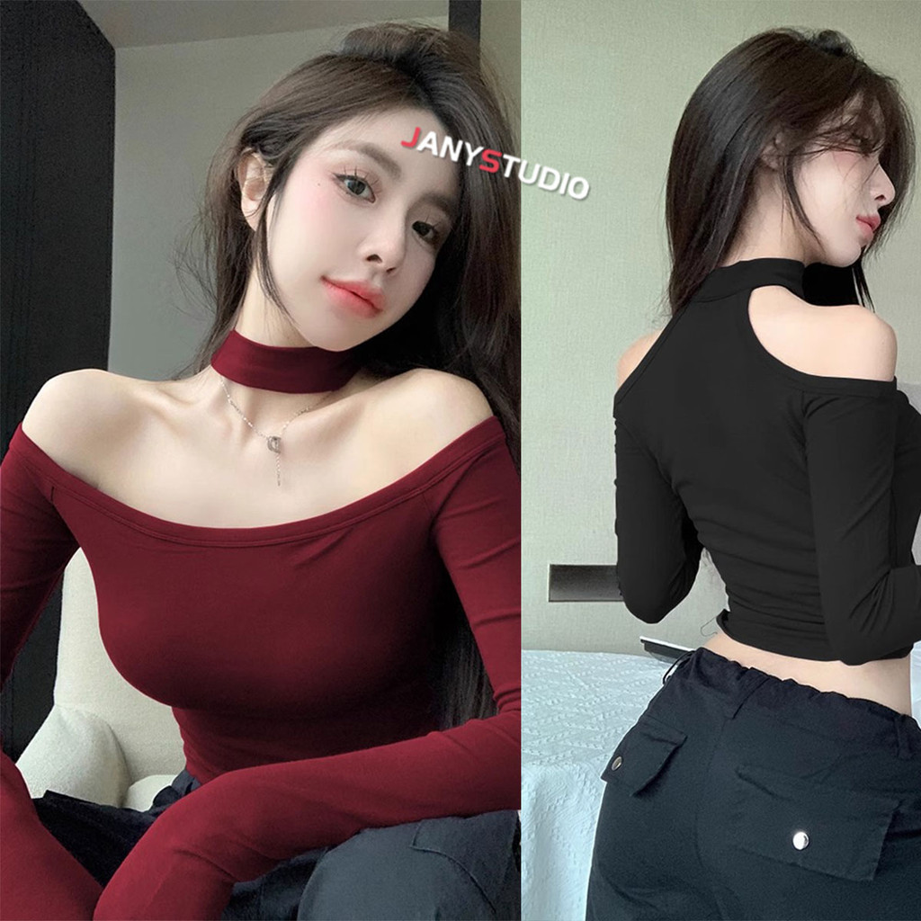เสื้อครอปSexy เปิดไหล่ เอวลอย ดีเทลสายคล้องคอ แฟชั่นสาวเกาหลี 2สี