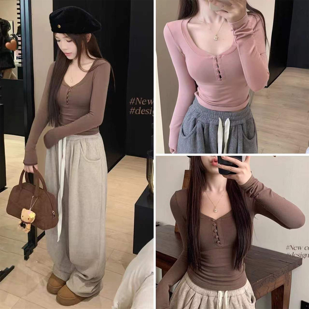 เสื้อยืดแขนยาว ทรงสวยรัดรูป แต่งกระดุมหน้า สไตส์เกาหลี ญี่ปุ่น มี 2สีสวยมาก