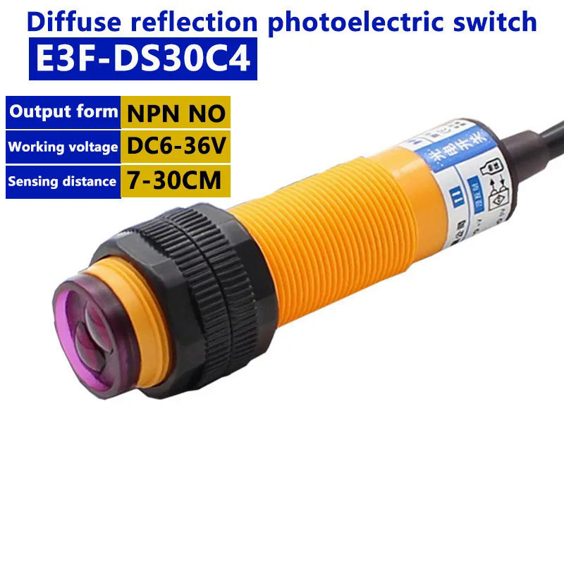 สวิทช์ Photoelectric Proximity E3F-DS30C4 เซ็นเซอร์สวิทช์ NPN PNP DC5-36V 30 ซม.การตรวจจับปรับ E3F-D