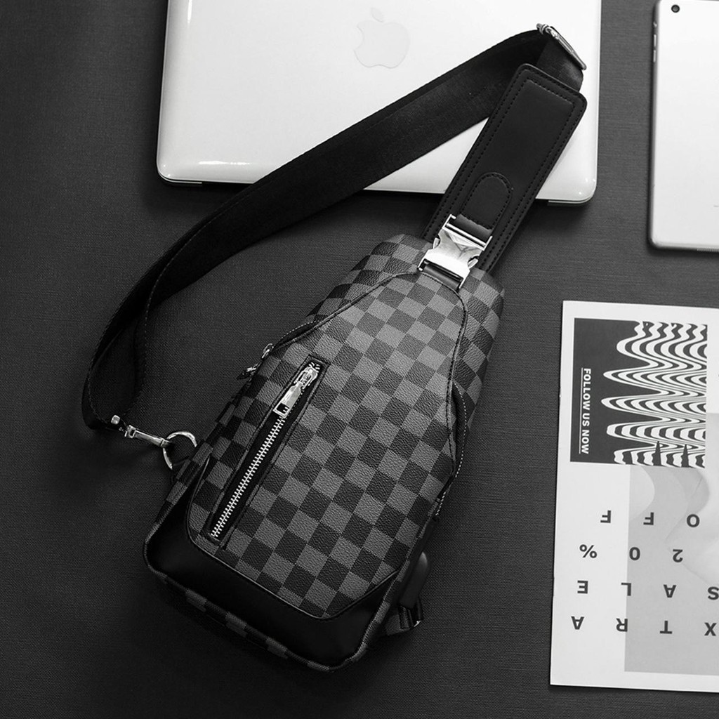 XM-7005 กระเป๋าคาดอกลายสก็อตผู้ชายแฟชั่น กระเป๋าสะพายข้างลายสก็อตลำลอง Men Bags