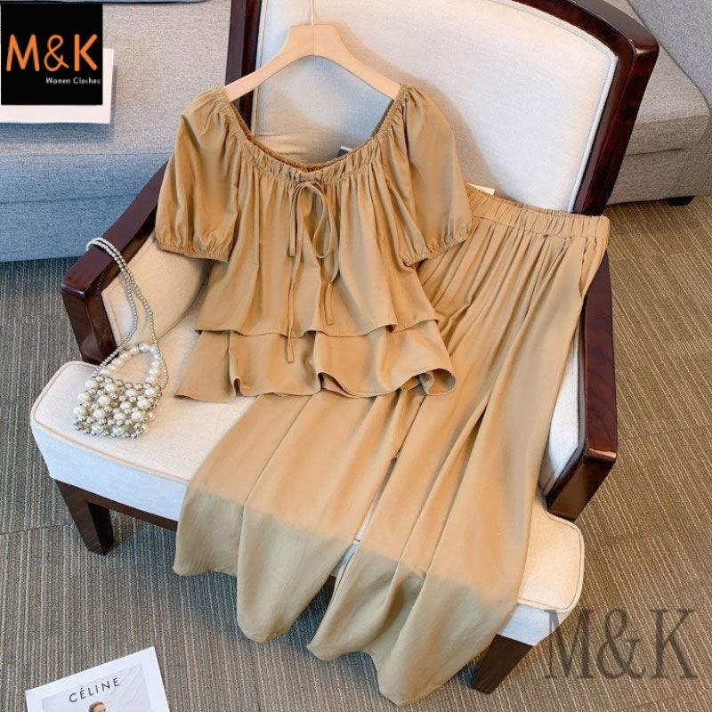 M & K เสื้อแขนพัฟ และกางเกงขากว้าง 100 กก. พลัสไซซ์ แฟชั่นสําหรับผู้หญิง