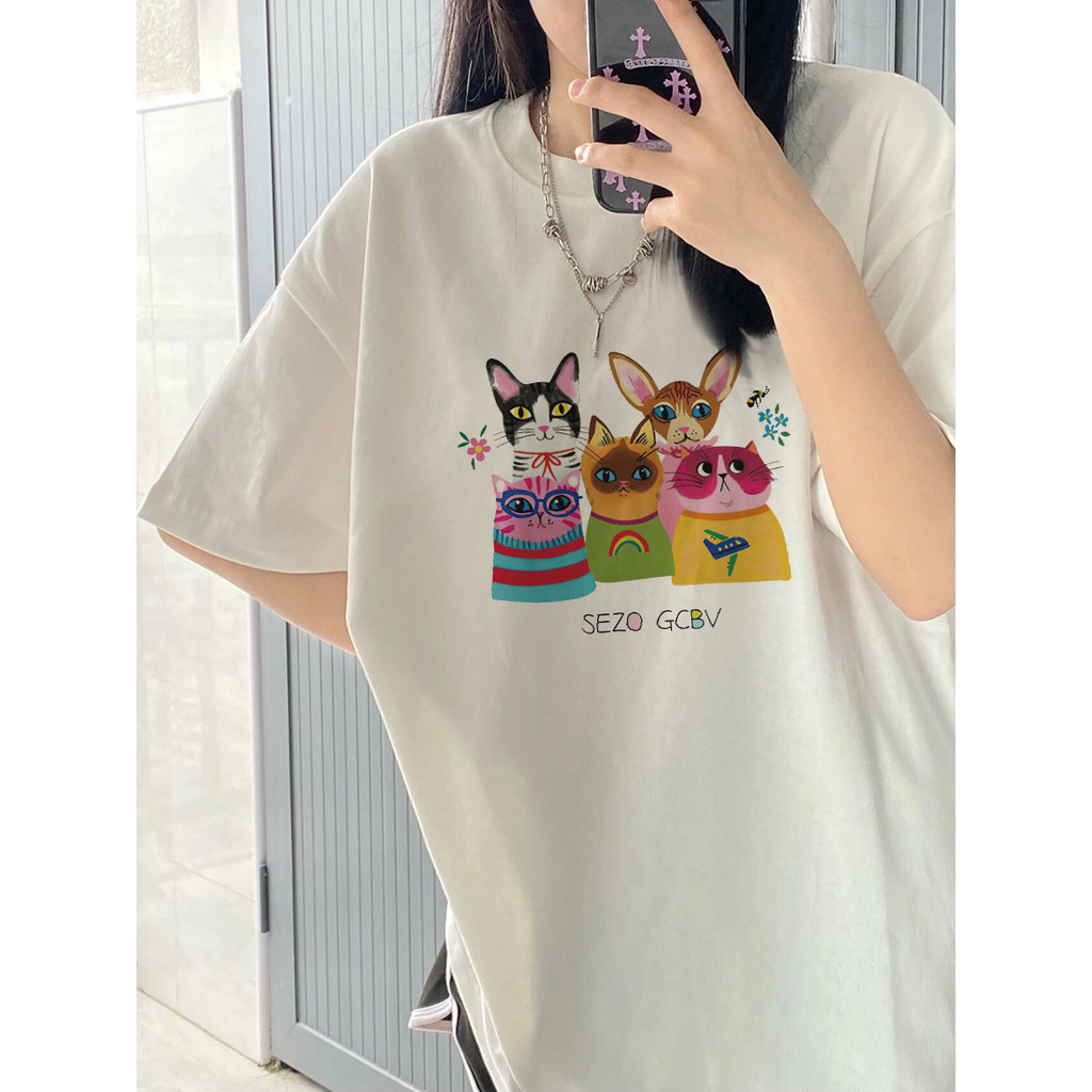 💖 Nuziro（พร้อมส่ง）การ์ตูนน่ารักสัตว์พิมพ์เสื้อยืดแขนสั้น ผู้หญิง ผ้าฝ้ายแท้ท็อปส์ Y0401S-5XL
