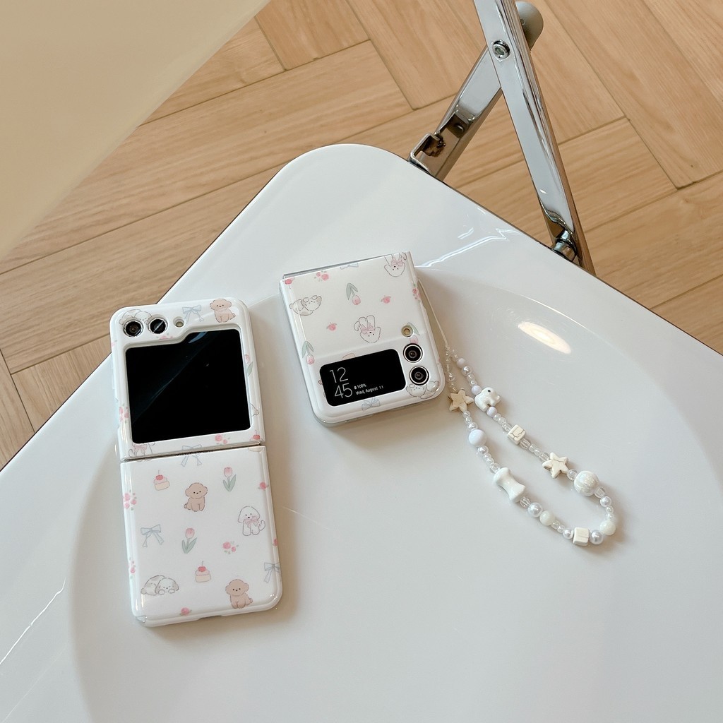 ดอกไม้สุนัขสีขาว TPU สําหรับ Samsung Galaxy Z Flip 6 5 4 3 5G Funda เชือกสร้อยข้อมือกรณี