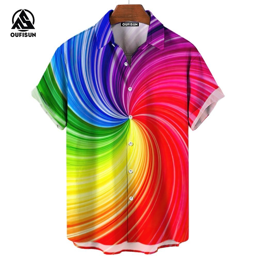 เสื้อแขนสั้นคอปกหลากสีพิมพ์ลายฮาวายชายหาดสไตล์ลำลองผู้ชายกระดุมหน้าฤดูร้อน2568