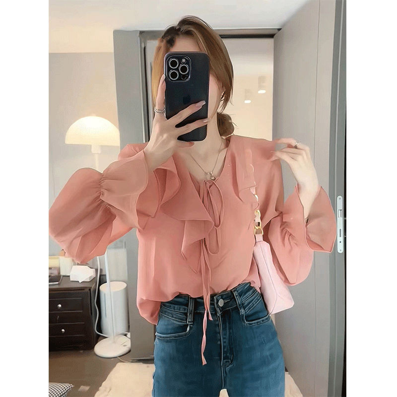 สไตล์ตะวันตกลดอายุเสื้อชีฟองหวานสุภาพสตรีการออกแบบต้นฤดูใบไม้ผลิระดับไฮเอนด์ซอกฝรั่งเศสซูเปอร์นางฟ้าสวมใส่ด้านบน