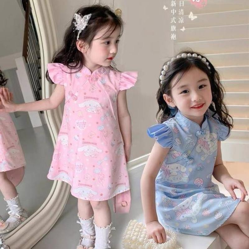 【Size 90-150】 ชุดเดรสกี่เพ้า สไตล์จีน แฟชั่นฤดูร้อน สําหรับเด็กผู้หญิง 2024 GZLF