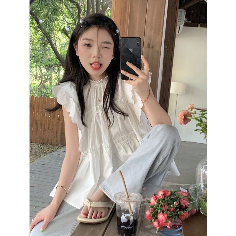 Shayne💛เสื้อเชิ้ต แขนกุดสีขาว การออกแบบปัก สไตล์แฟชั่นเกาหลี