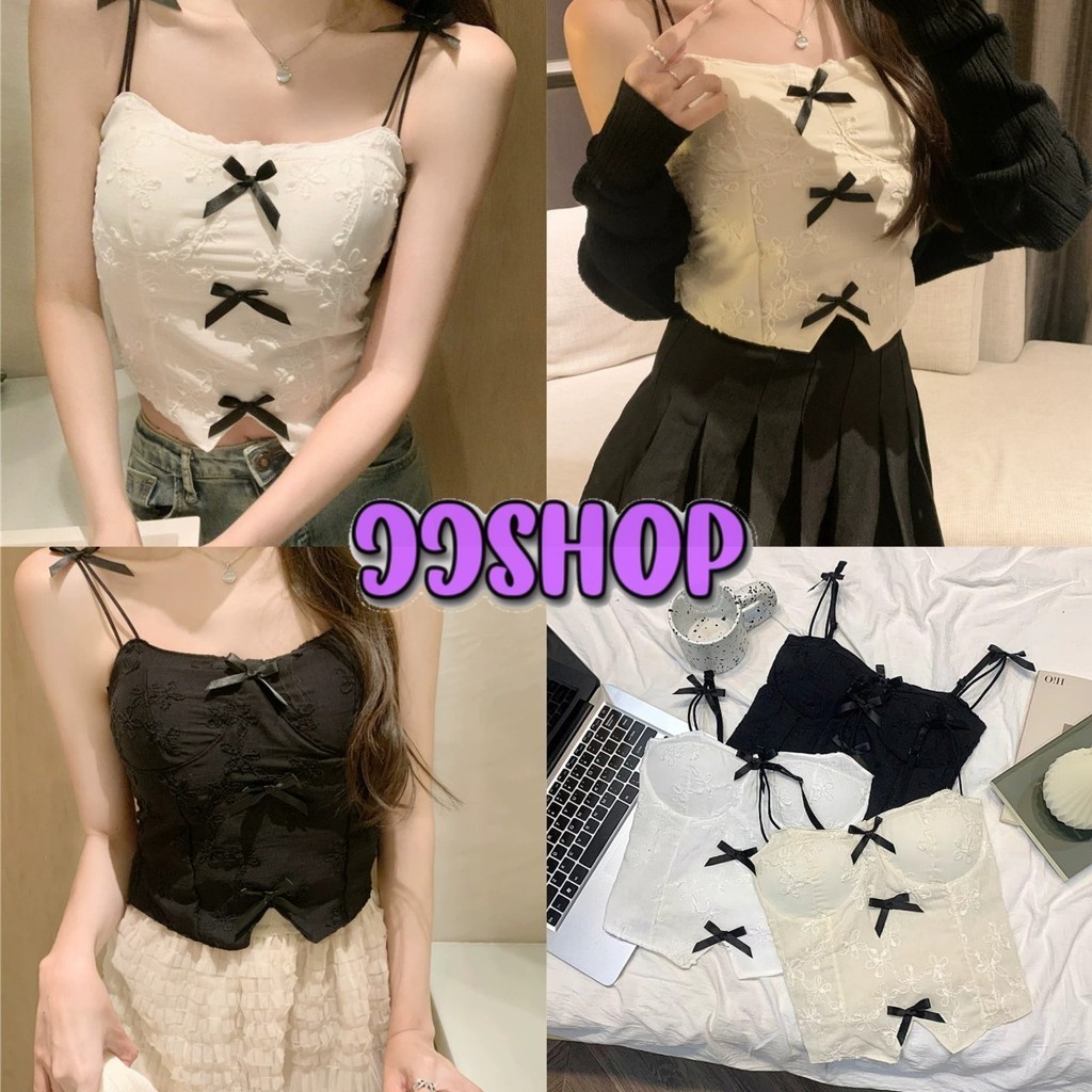 JJ Shop​💜​พร้อมส่ง เสื้อสายเดี่ยว มีฟองน้ำ ลายโบว์น่ารัก มี3สี "FY655" -H