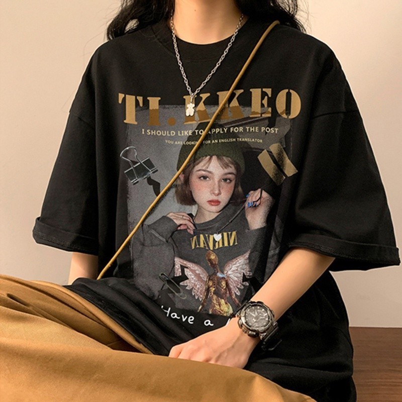 COD✅  (จัดส่งในกรุงเทพฯ) MAO SHOP เสื้อยืดแขนสั้น ทรงหลวม ขนาดใหญ่ สไตล์อเมริกันเรโทร สําหรับผู้หญิง