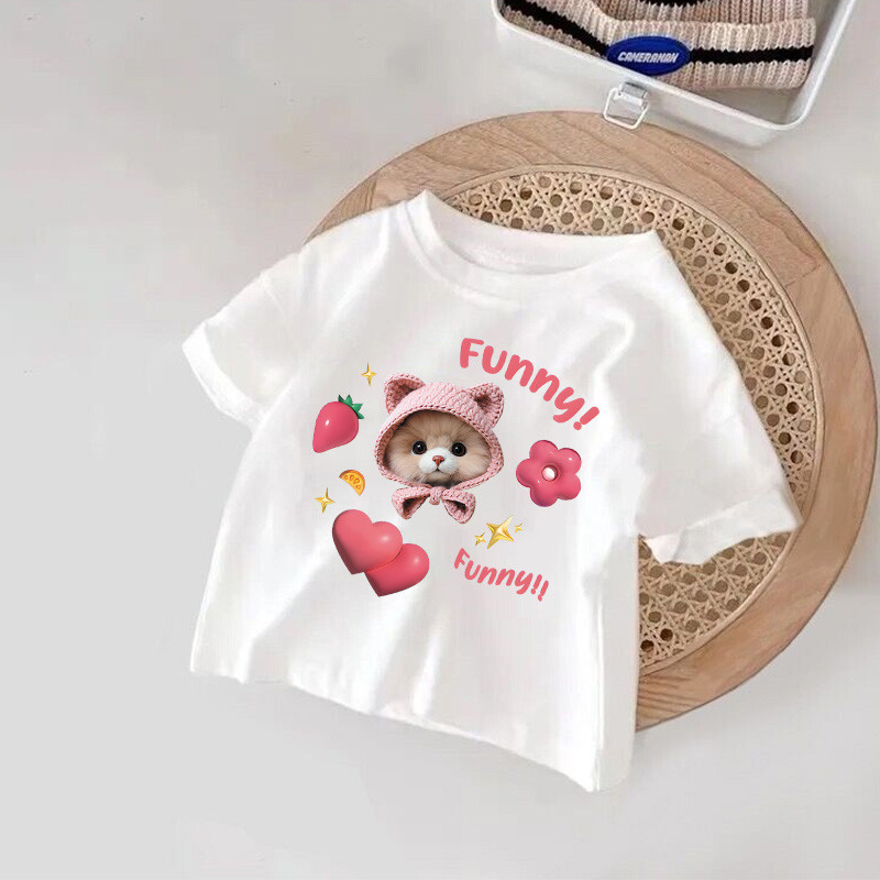 เสื้อยืดแขนสั้น พิมพ์ลายกราฟฟิคแมวน่ารัก สีขาว แฟชั่นฤดูร้อน สําหรับเด็กผู้หญิง