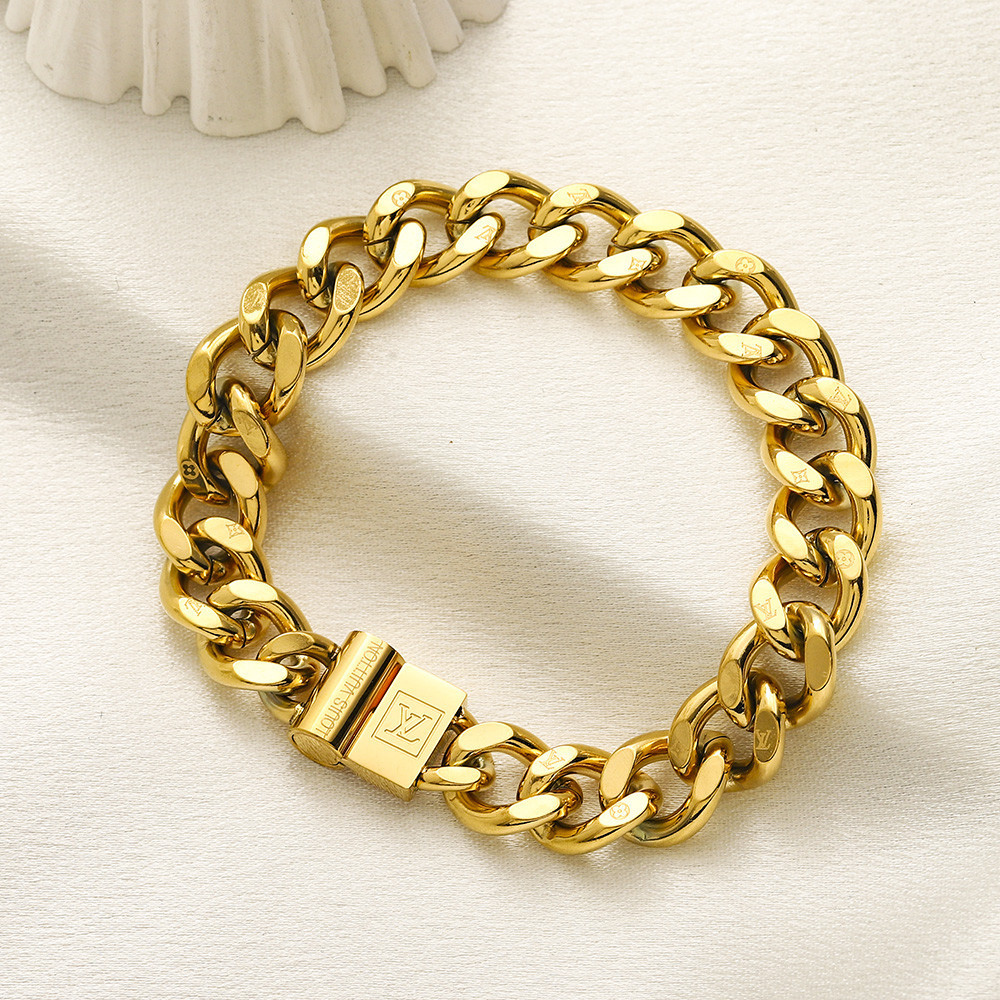 LOUIS VUITTON สร้อยข้อมือลําลอง กําไลข้อมือเหล็กไทเทเนียม แต่งรูกลวง ลายโลโก้ตัวอักษร LV