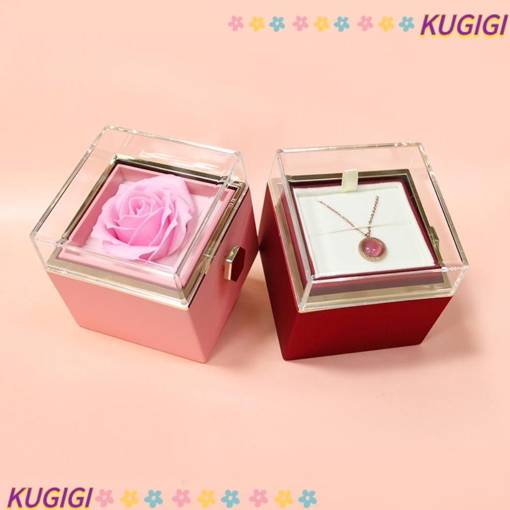 Kugigi กล่องเครื่องประดับ อะคริลิคใส หมุนได้ ลายดอกกุหลาบ พร้อมถุงของขวัญ สําหรับใส่สบู่ แหวนแต่งงาน