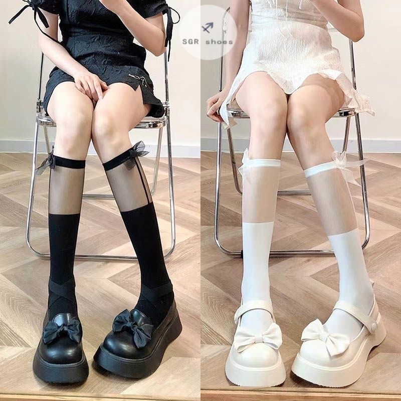 สินค้ามีจำหน่าย ถุงเท้ายาวถึงเข่าผู้หญิง JK จากญี่ปุ่น ถุงเท้านักเรียนโลลิต้า ตกแต่งโบว์ หวานและน่ารัก
