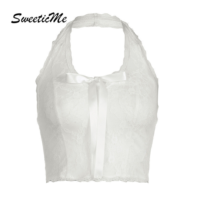 Sweeticme เสื้อกล้าม แต่งลูกไม้เซ็กซี่ สีพื้น เข้ากับทุกการแต่งกาย แฟชั่นสําหรับผู้หญิง 2024