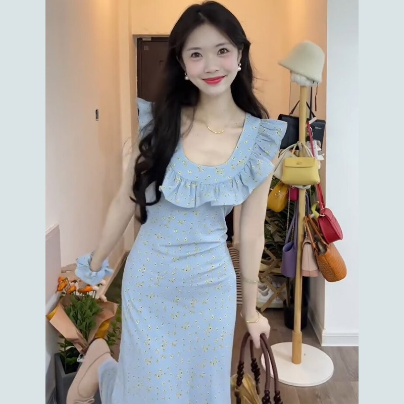 ชุดเดรสกระโปรงยาว ผ้าขนแกะถัก ลายดอกไม้ สีฟ้า สไตล์ฝรั่งเศส สําหรับสตรี QVE0