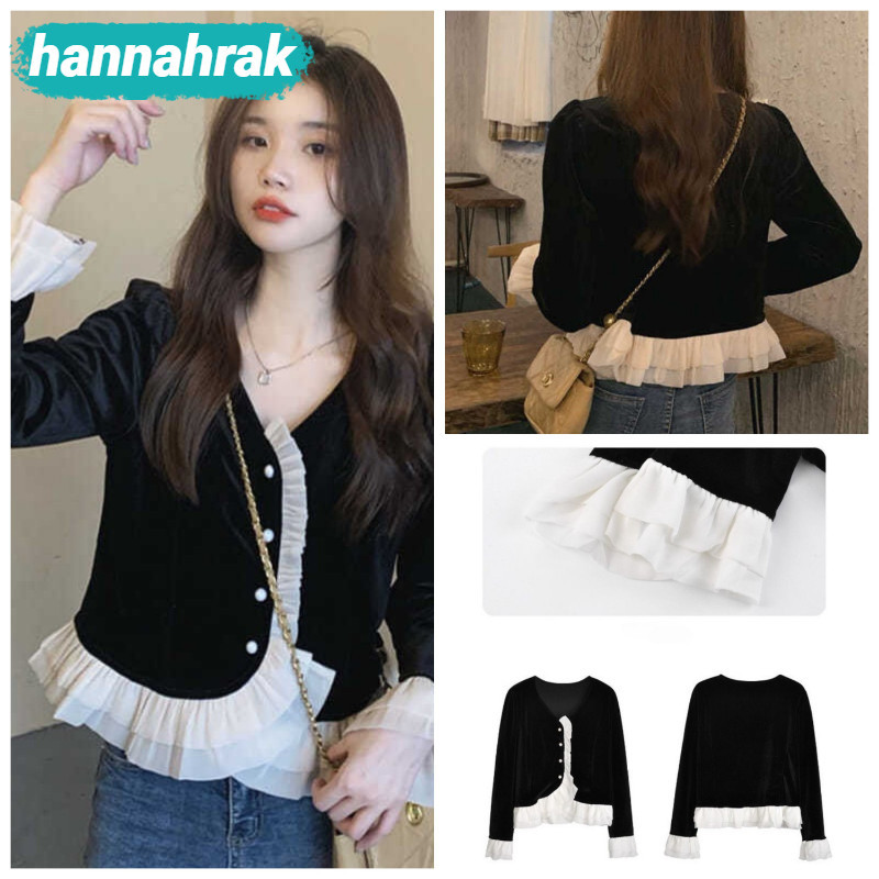 (ส่งจากกรุงเทพฯ)พร้อมส่ง ใหม่ เสื้อเชิ้ตกำมะหยี่สั้นสีดำสำหรับฤดูหนาว สไตล์ฝรั่งเศสวินเทจ เสื้อกันหนาวแขนยาวผู้หญิง