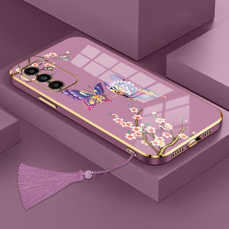เคส Samsung Galaxy A14 4G 5G A54 A34 A15 A33 A35 A23 A25 5G โทรศัพท์มือถือ ซิลิโคน ขอบตรง ลายผีเสื้อ ประดับพู่ พร้อมสายคล้อง หรูหรา สําหรั