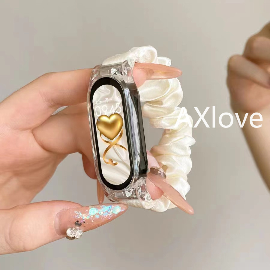 สายรัดยางยืด + เคสใสสําหรับ Xiaomi Mi Band 9 8 7 6 5 4 3 สายรัดข้อมือผู้หญิง Scrunchies เปลี่ยนสําหรับ MiBand 8 NFC Correa Smartwatch สร้อยข้อมือ