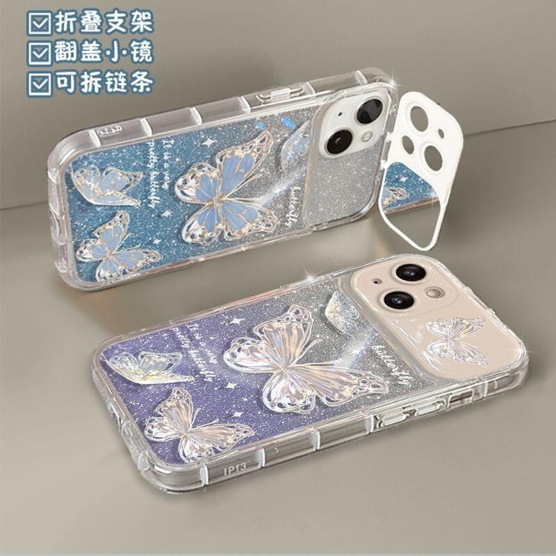 เคสโทรศัพท์มือถือแบบใส ฝาพับ กันกระแทก พร้อมกระจก สีม่วง สําหรับ IPhone 7Plus 8Plus X XRXS MAX 11 12 ProMax 13 14 ProMax 15 ProMax