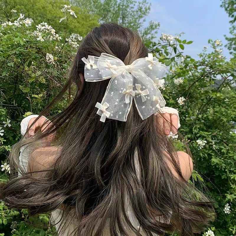 สไตล์ใหม่ Double-Layer Polka Dot Bow กิ๊บติดผม Streamer ญี่ปุ่นผ้ากอซเกาหลี High-End หวาน Super Fairy Classy Top