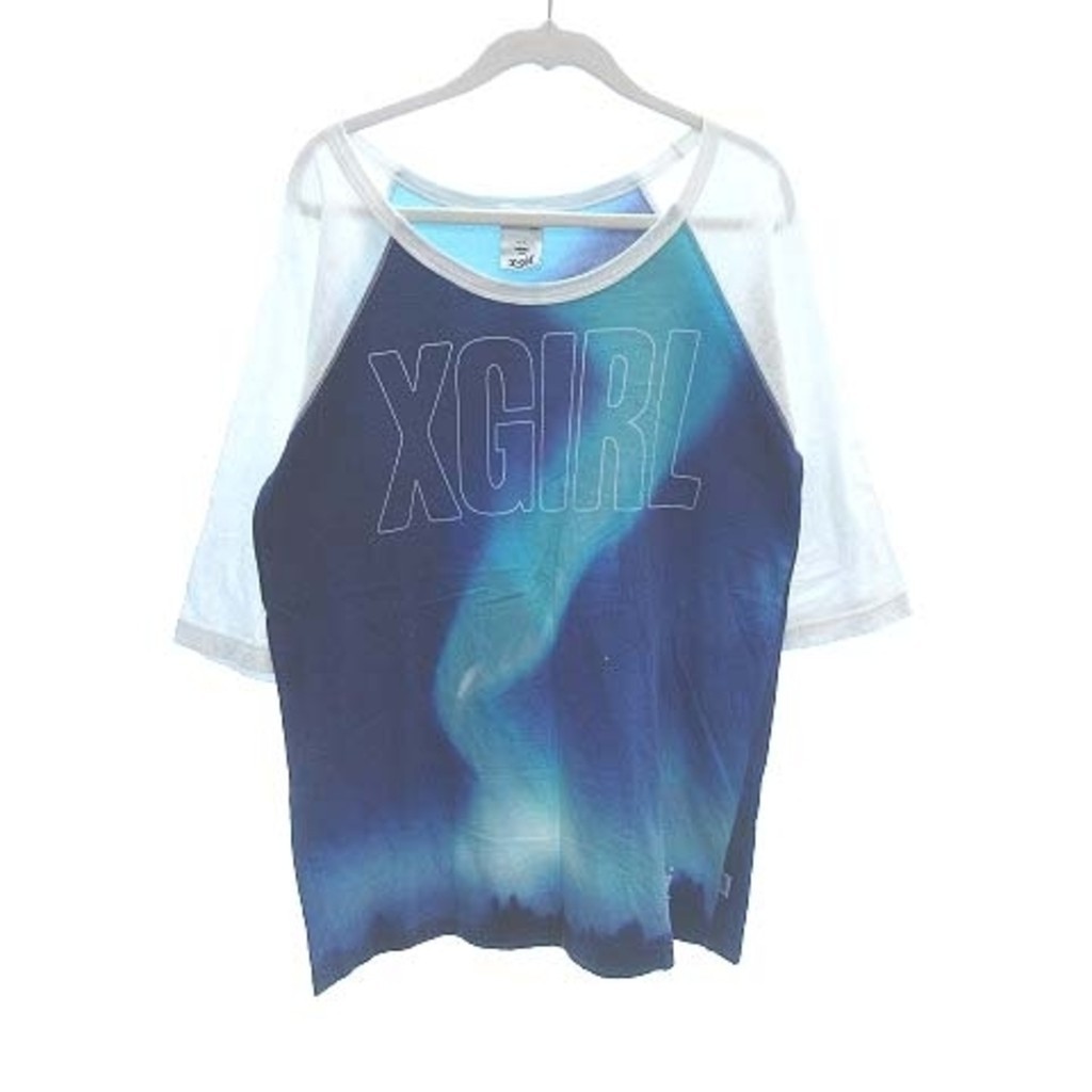 X-GIRL 3/4 Sleeve Boat Neck Print Logo One Blue Direct from Japan Secondhand