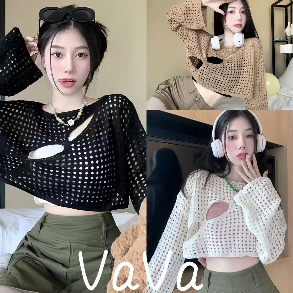 VaVa เสื้อสเวตเตอร์ทอกลวงสำหรับผู้หญิง เสื้อเบลาส์สายแขวนฤดูร้อน ออกแบบให้มีรู เสื้อแขนสั้นป้องกันแสงแดดแขนยาวหลวม