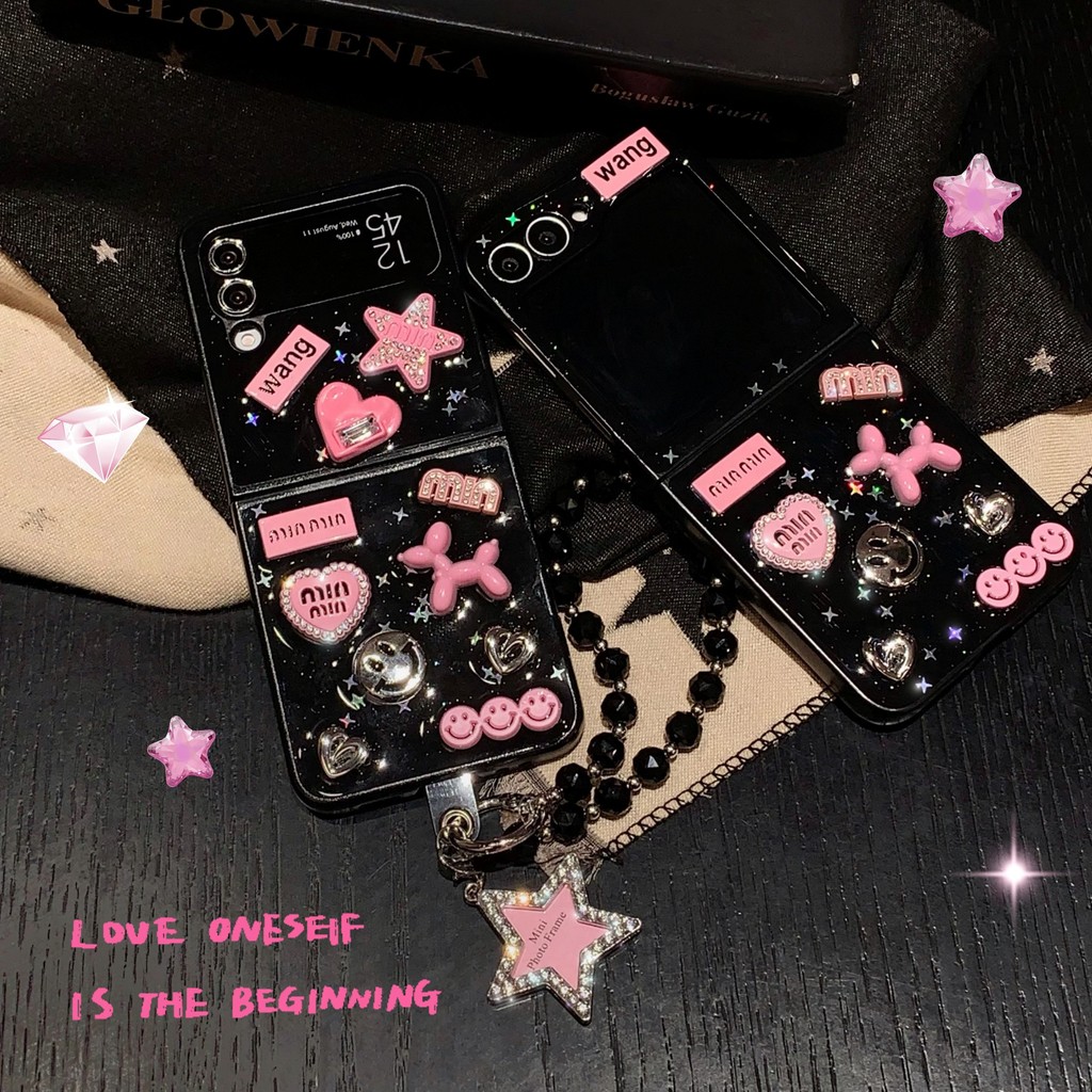 For Samsung Galaxy Z flip 6 Flip5 เคสกาวหยดน่ารักการ์ตูนสีชมพูบอลลูนสุนัขพร้อมโซ่กรณีค้นหา N3 flip 5G Samsung Galaxy Z Flip4 โทรศัพท์ความคิดสร้างสรรค์กรณีปก