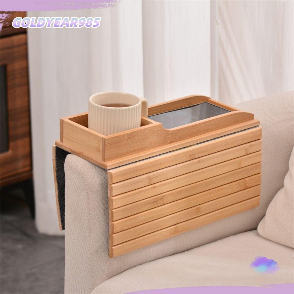 ทอง985โต๊ะแขนโซฟา,ถาดแขนโซฟาประหยัดพื้นที่กันลื่น,โต๊ะข้างไม้ทนทานสําหรับรับประทานอาหาร/เครื่องดื่ม/ขนม