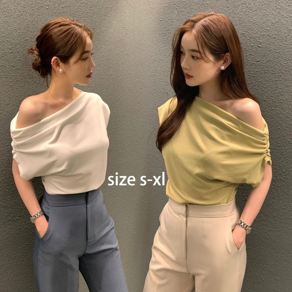 mimi&didi#เสื้อยืดปิดไหล่แขนสั้นเสื้อหรูหราไหล่แนวทแยงสัมผัสกระดูกไหปลาร้า สีขาว สำหรับผู้หญิง#2684 – โปรปัง