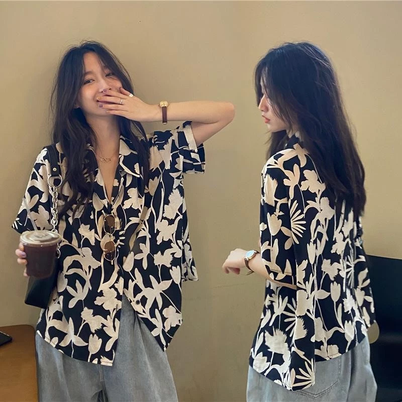 ohho เสื้อฮาวาย W313 แขนสั้น ทรงหลวม ลายดอกไม้