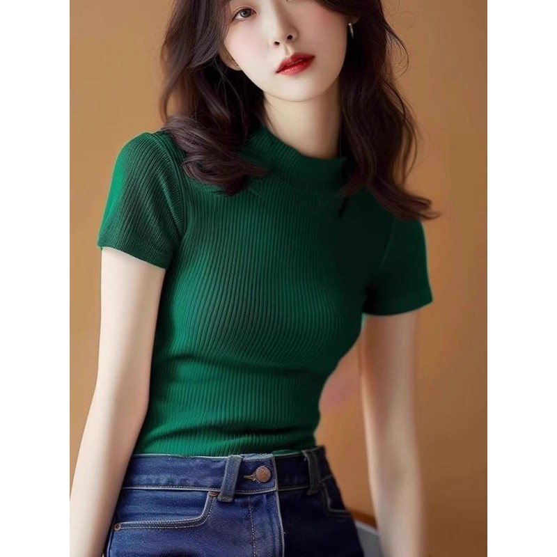 Pit Strip Pullover Ice Silk Top Women Soft Waxy Simple Solid Color Short Sleeves Sweater