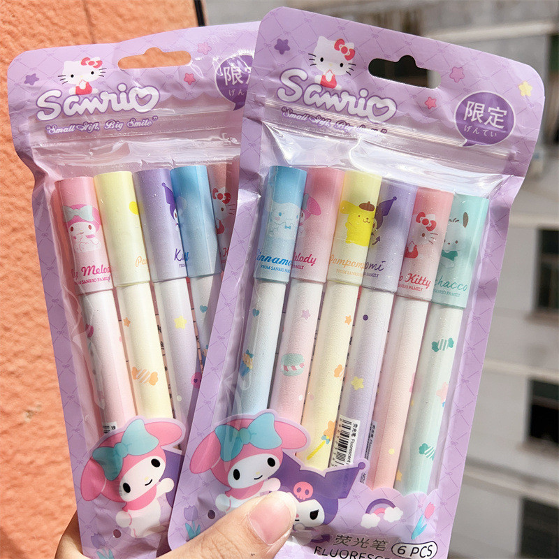 6 ชิ้น / เซต Sanrio ปากกาไฮไลท์ Kuromi Cinnamoroll Hello Kittys ไฮไลท์ ปากกามาร์กเกอร์ เครื่องเขียนนักเรียน วาดภาพ