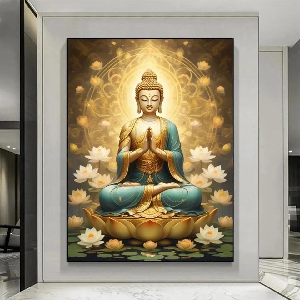 พระพุทธรูปและ Lotus Wall Art ภาพตกแต่งบ้านระเบียงผ้าใบพิมพ์ภาพวาด