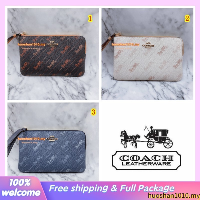 Corner Zip Wristlet C4466 ผู้หญิง ซิปเดียว กระเป๋าสตางค์ Coac h กระเป๋าสตางค์ยาว สายรัดข้อมือ