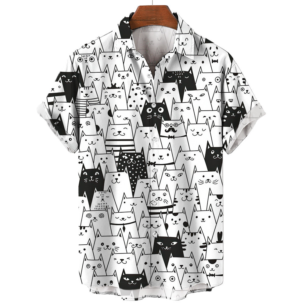 เสื้อเชิ้ตแขนสั้นลําลอง คอปก พิมพ์ลายแมวน่ารัก 3 มิติ สไตล์ฮาราจูกุ แฟชั่นฮาวาย สําหรับผู้ชาย