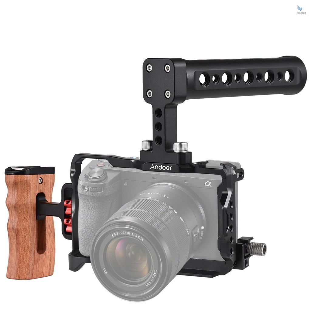 Andoer กรงกล้อง + ที่จับด้านบน + ที่จับด้านข้าง กรงป้องกัน อลูมิเนียมอัลลอยด์ กรงกล้องวิดีโอ พร้อมประแจแม่เหล็ก เมาท์ Cold Shoe Arca ปลดเร็ว สล็อต หลาย 1/4