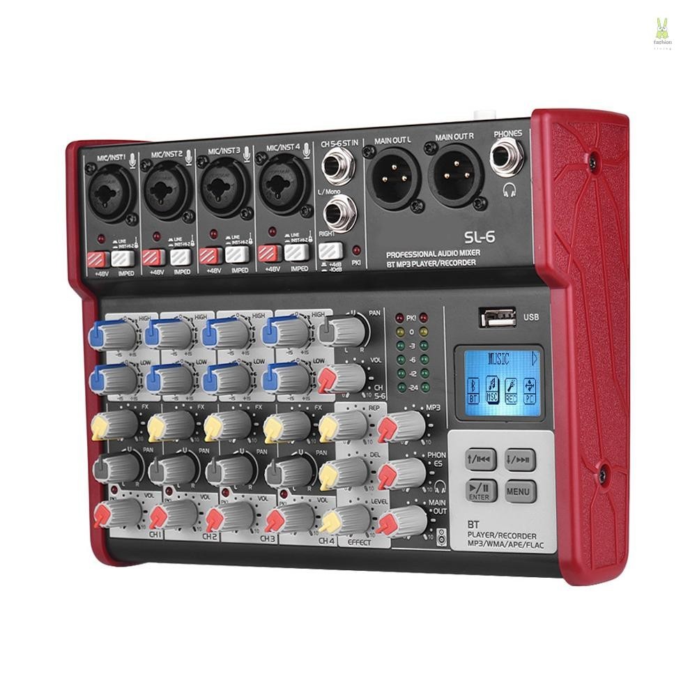 Flt SL-6 เครื่องมิกเซอร์คอนโซล 6 ช่อง 2-band EQ ในตัว 48V รองรับการเชื่อมต่อบลูทูธ USB เครื่องเล่น MP3 สําหรับบันทึกเสียง DJ ไลฟ์สด คาราโอเกะ