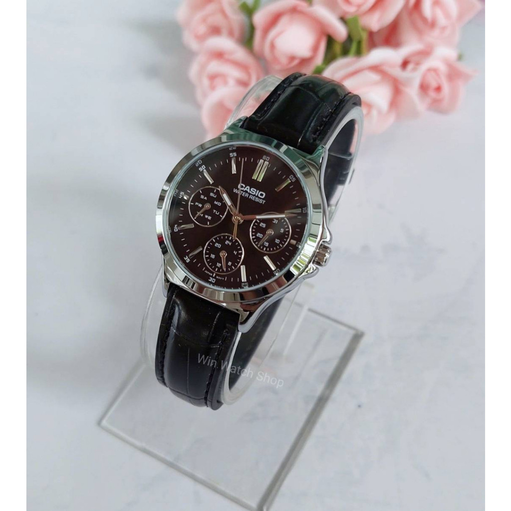 นาฬิกาผู้หญิงเกาหลี นาฬิกา Casioแท้ รุ่น LTP-V300L-1A นาฬิกาข้อมือผู้หญิง สายหนังสีดำ หน้าปัดดำ