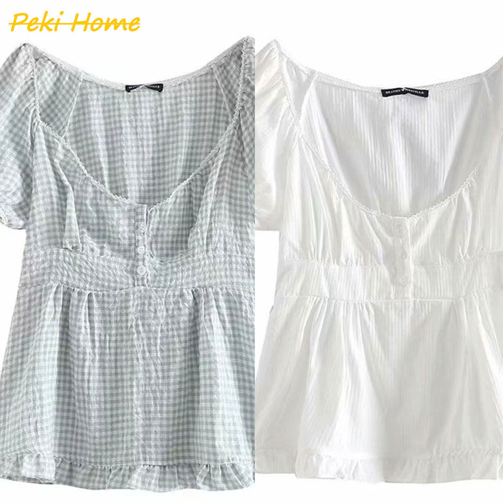 เสื้อแขนสั้นแนววินเทจ เเต่กระดุมข้างหน้า แขนพองน่ารักๆ