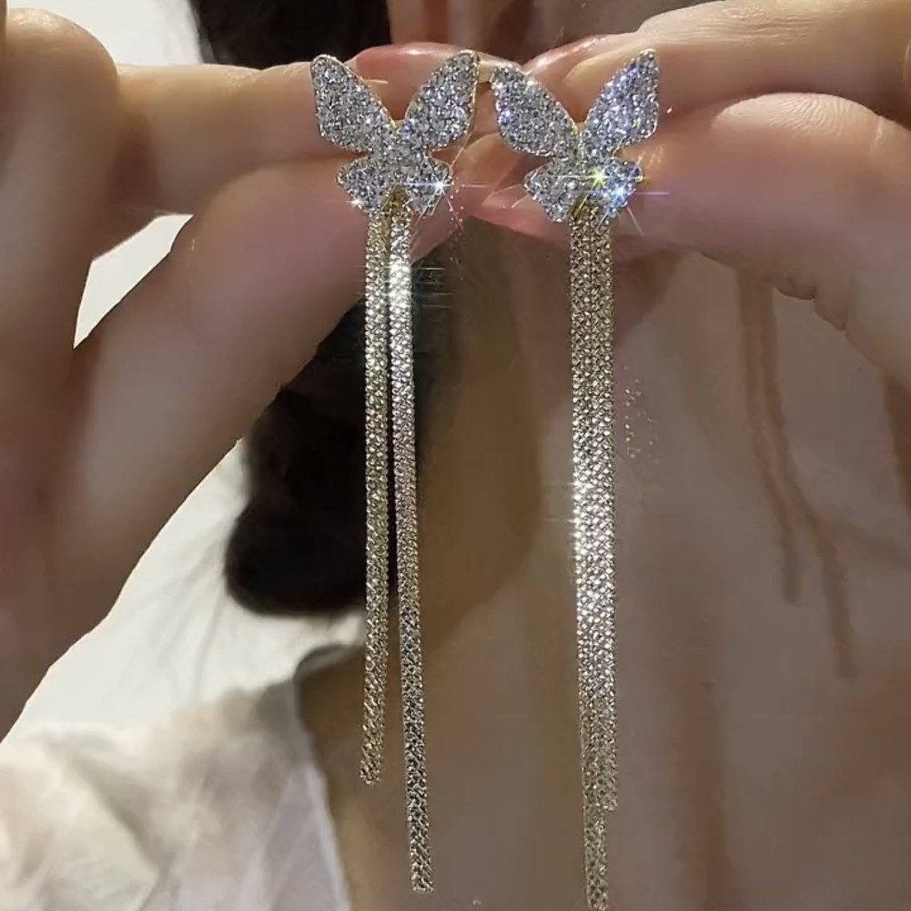 925 เงินเข็มเพชรเต็มผีเสื้อต่างหูผู้หญิงสองสวมพู่ต่างหูต่างหู