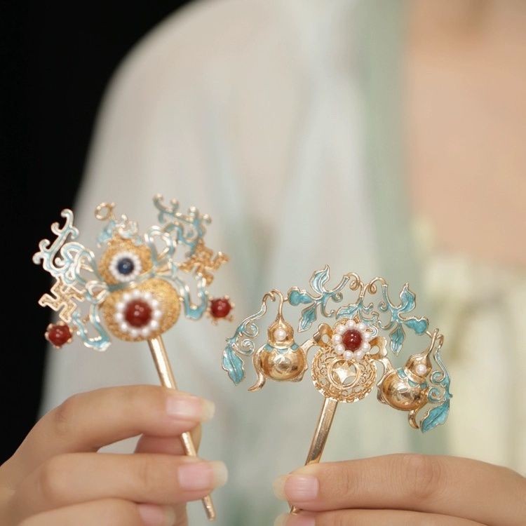 Miyan สไตล์โบราณ Hairpin Handmade Burnt Blue Hollow Gourd หมื่นตัวอักษรเมฆมงคล Hanfu Cheongsam Tang สไตล์ Ming Qing Dynasty Duo