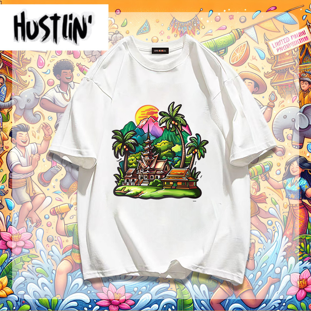 Hustlin'พร้อมส่งเสื้อยืดแขนสั้น oversize shirt Songkran ทิวทัศน์ต่างด้าว100% cottonS-3XL